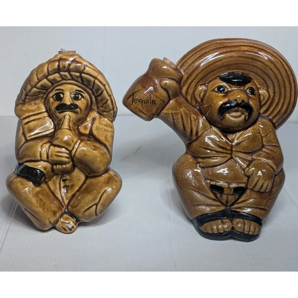 Vintage Mexican Ceramic Tequila Decanters Sombrero Men Flasks Set of 2 Brown